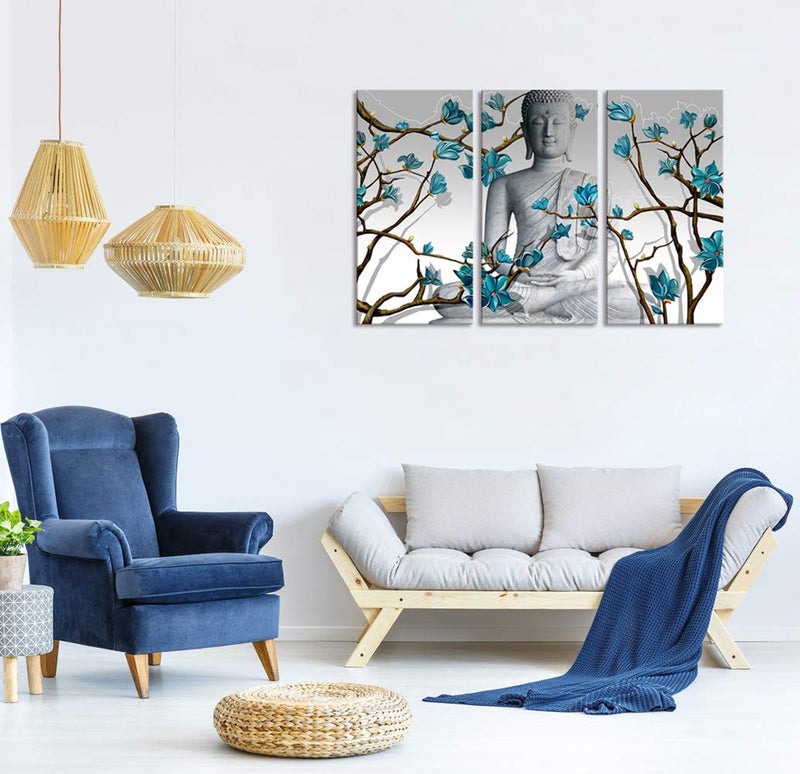Visual Art Decor 3 Pieces Buddha Wall Art Buddha Statue with Abstract Blue Flowers Painting Canvas Prints for Living Room Bedroom Office Large Picture Decoration - Image 2